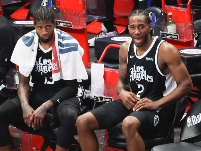 LA Clippers forward Kawhi Leonard (2) and LA Clippers guard Paul George (13) react during the fourth quarter against the Dallas Mavericks in game four in the first round of the 2021 NBA Playoffs